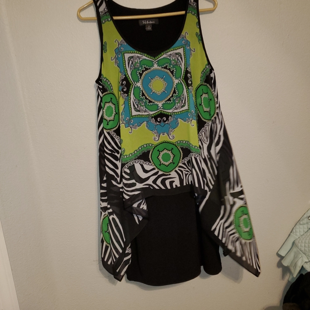 S.L. Fashions 6 Dress Layered Black Dress With Green Abstract Cover